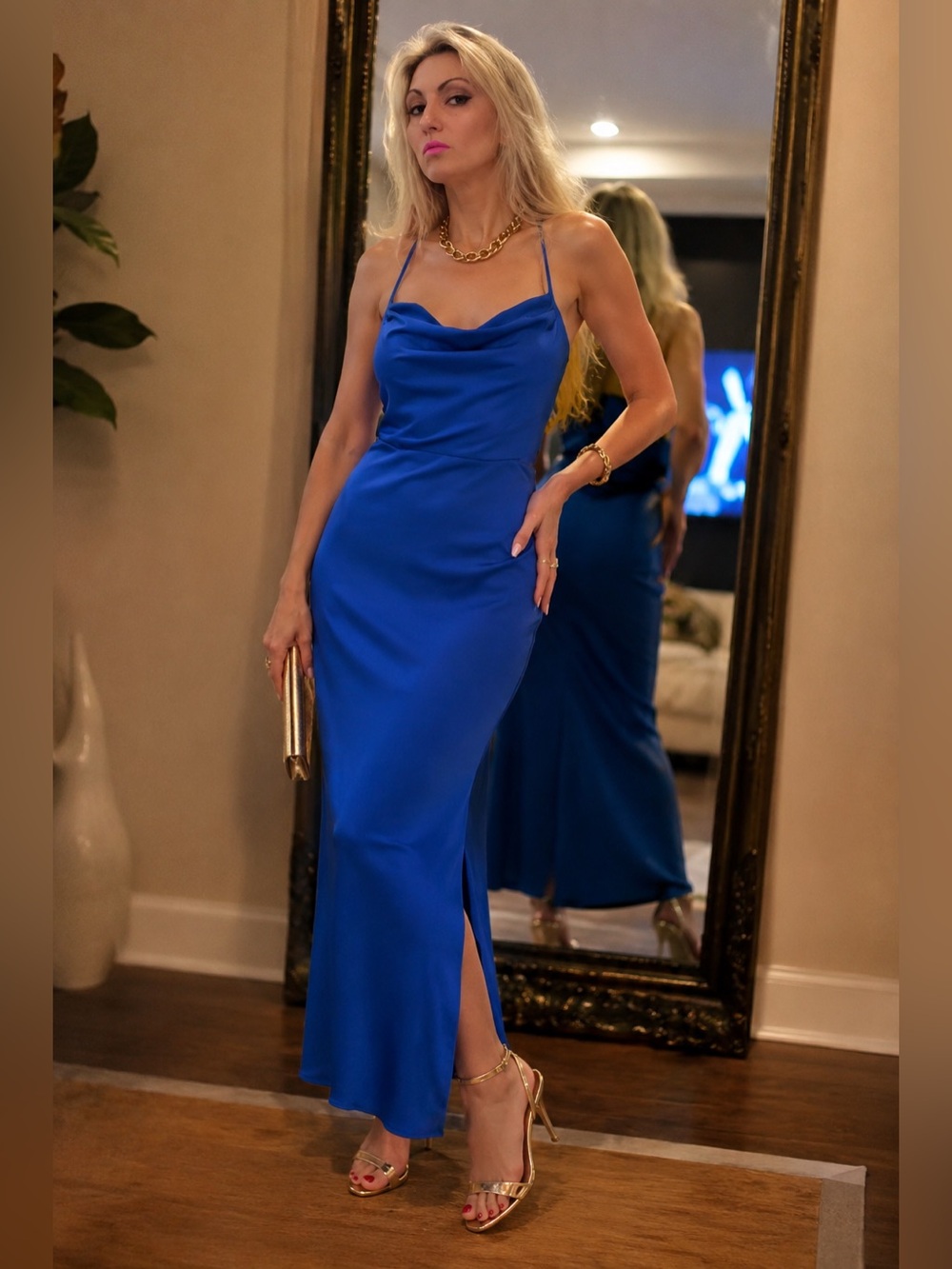Paper Heart maxi backless Slip satin Dress Straps royal blue Sz L